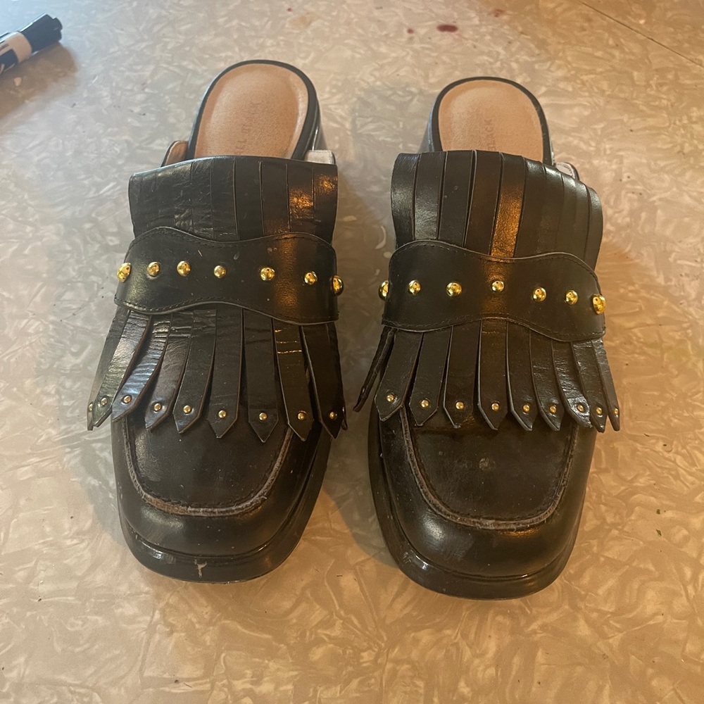 Black and Gold Leather Loafers with Fringe and Studs